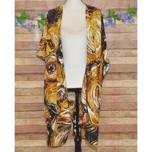 Womens Yellow Boho Floral Open Front Caftan Poncho Cardigan One Size Art to Wear
